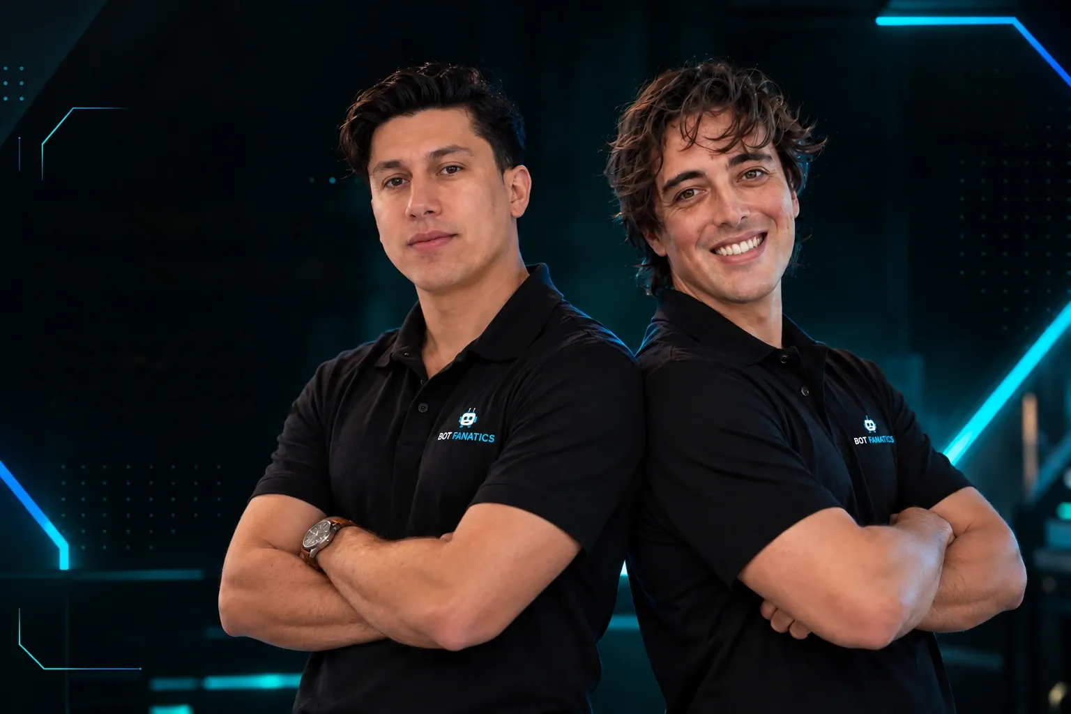 The two Bot Fanatics founders in branded polo shirts, arms crossed